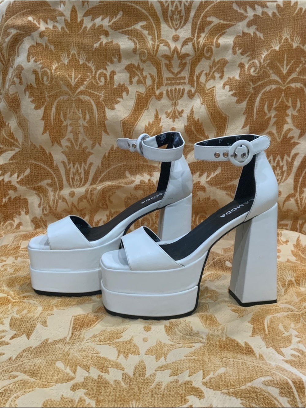 White Platform Block Heel Sandals with Ankle Strap